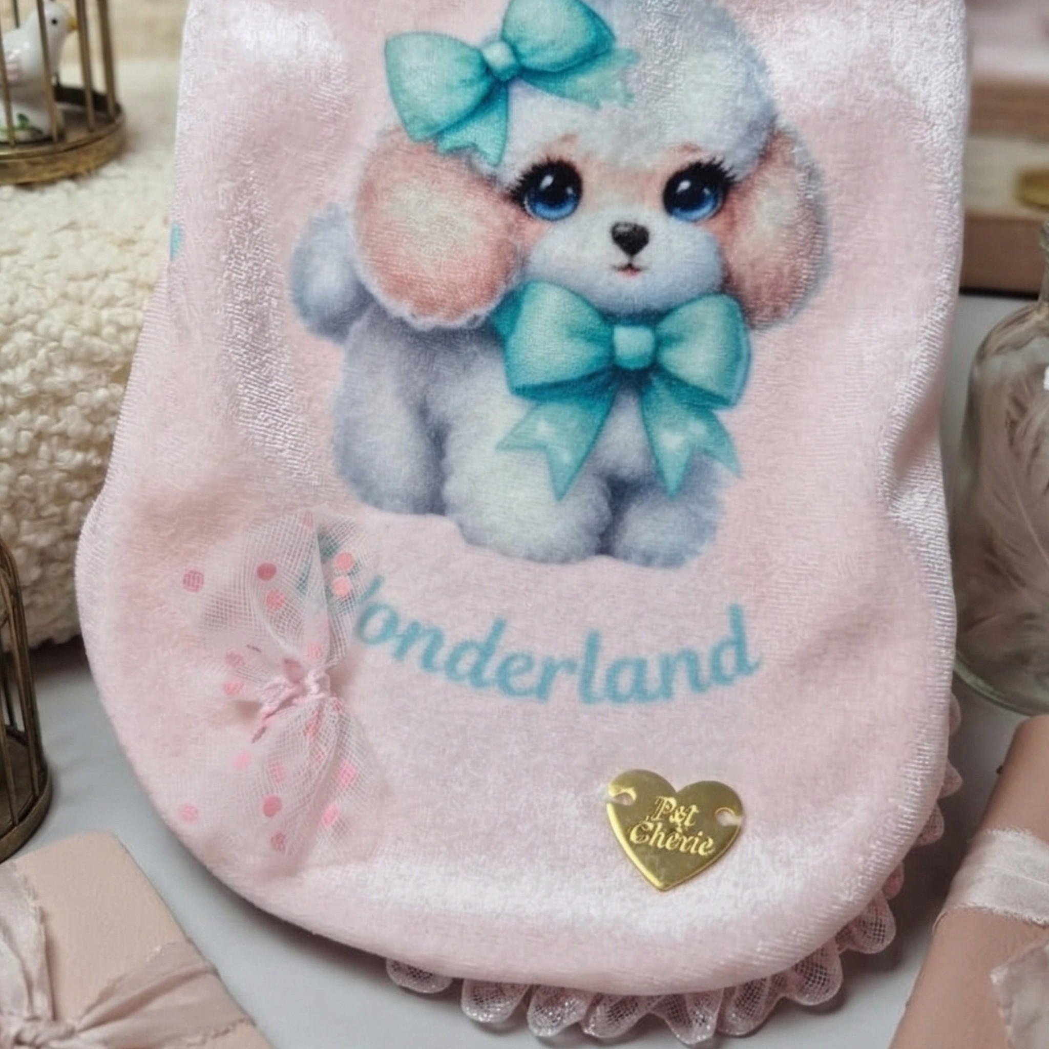 Alice in Wonderland Pale Pink Sweatshirt - Ciniglia Vellutata con Rouche Pizzo e Fiocco Cuoricino